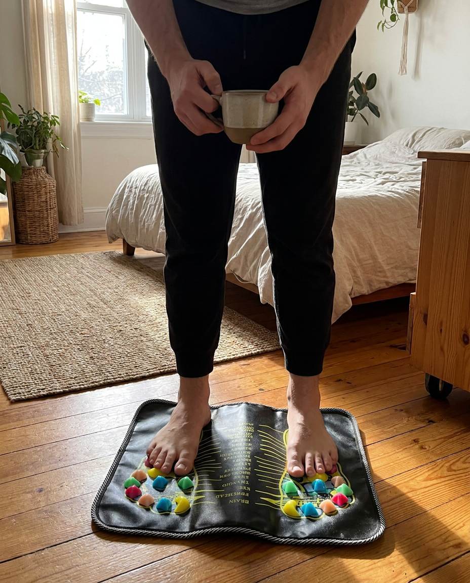 Person standing on the foot massager mat at home