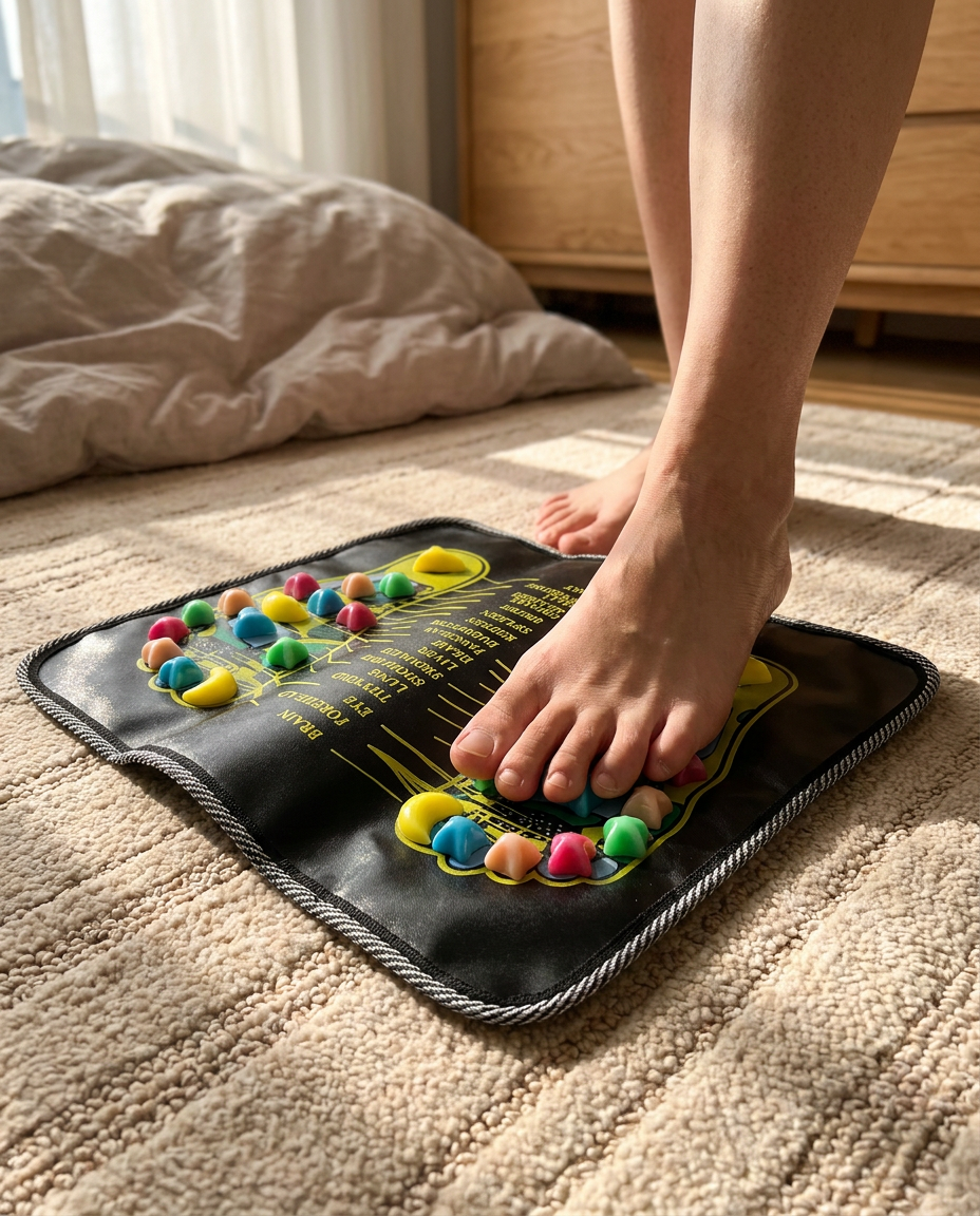Bare feet on the acupressure foot massager mat