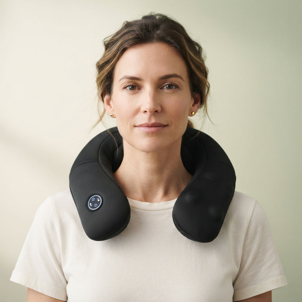 Wireless neck and shoulder massage wrap worn around the neck