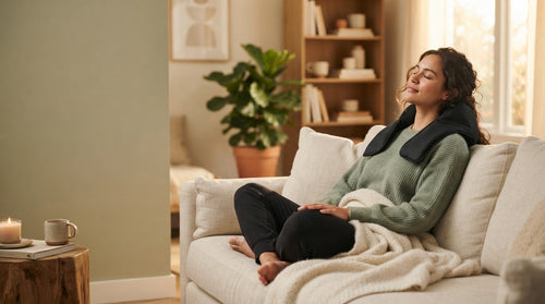Person relaxing on a sofa wearing the neck and shoulder massage wrap